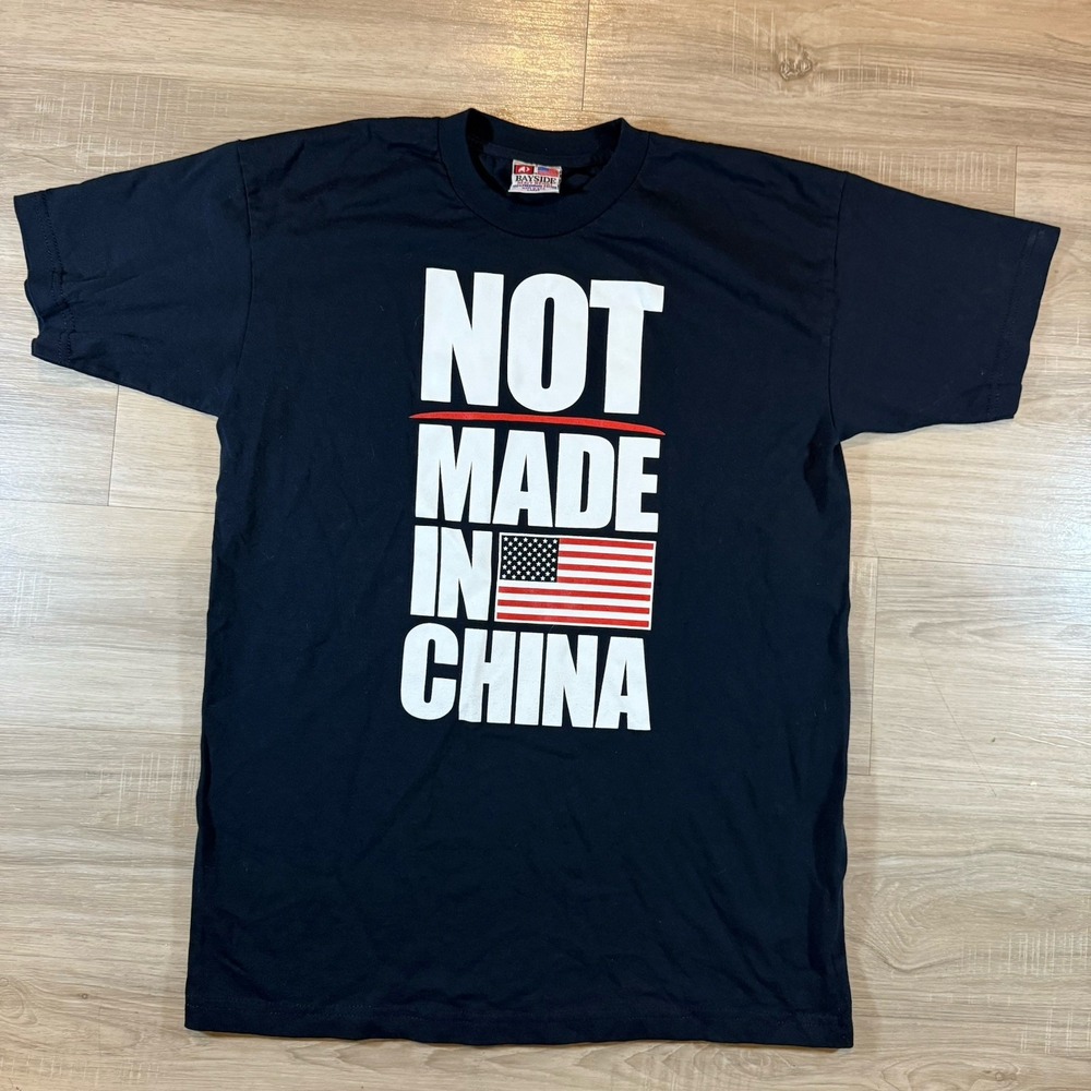 Vintage Bayside Shirt Men L Black Not Made In China Funny‎ USA Made Patriotic